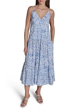 BCBG Powder Blue Multi Cotton Tiered V-Neck Midi Sundress Size 4 NWT